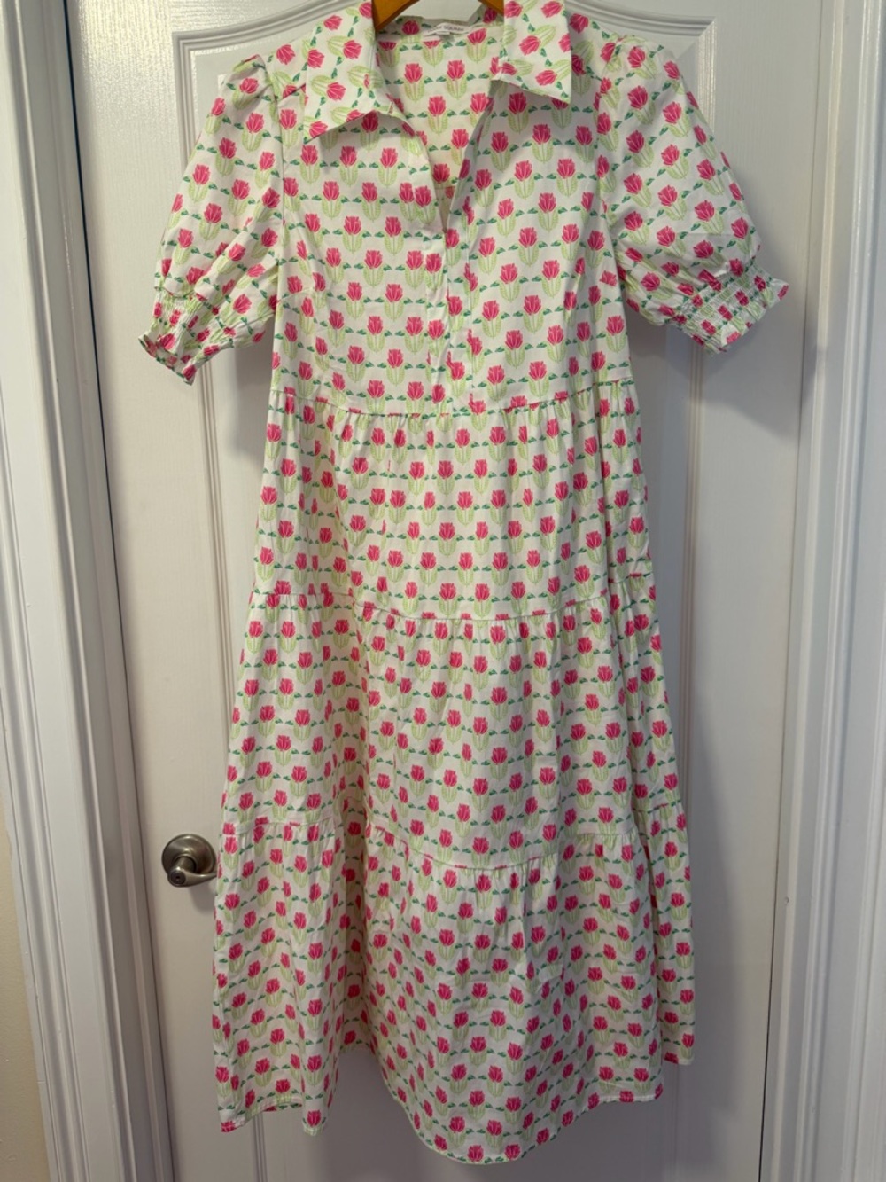 White Midi Dress with Pink Tulip Print